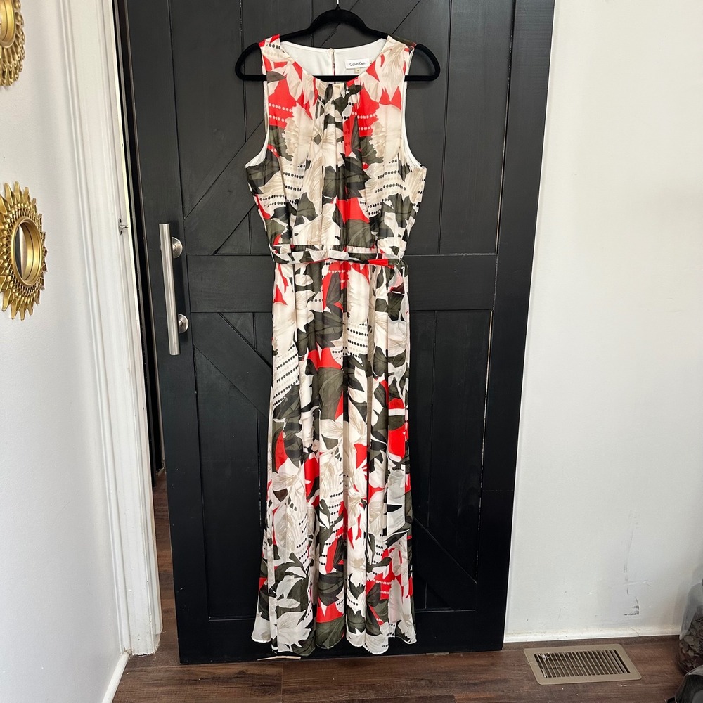 Calvin Klein Floral Maxi Dress Sleeveless Belted Red Green Cream Size 16 Wedding